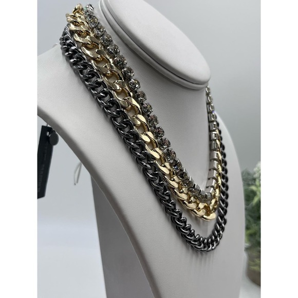 Steve Madden Layered Tri Tone Mixed Metal Bling Stones Curb Chain Necklace New - Picture 6 of 16